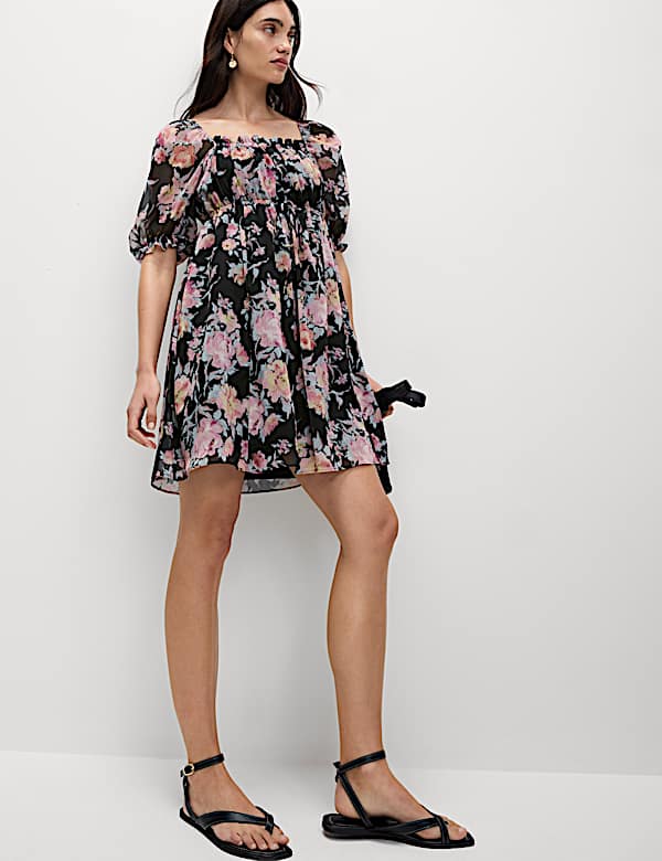 Printed Floral Square Neck Mini Waisted Dress - JP