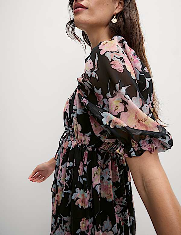 Printed Floral Square Neck Mini Waisted Dress - JP