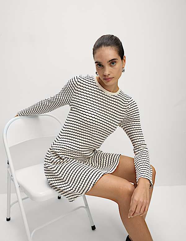 Cotton Blend Striped Mini Skater Dress - LU