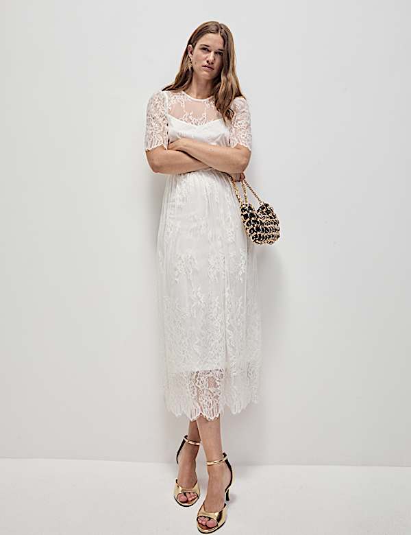 Lace Round Neck Midi Column Dress