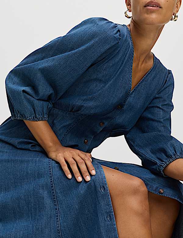 Denim V-Neck Tie Waist Midi Tea Dress - DE