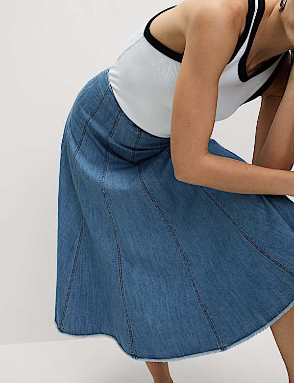 Denim Seam Detail Midi A-Line Skirt - CY