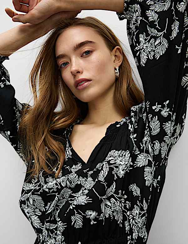 Cotton Blend Floral Midi Waisted Dress - NL