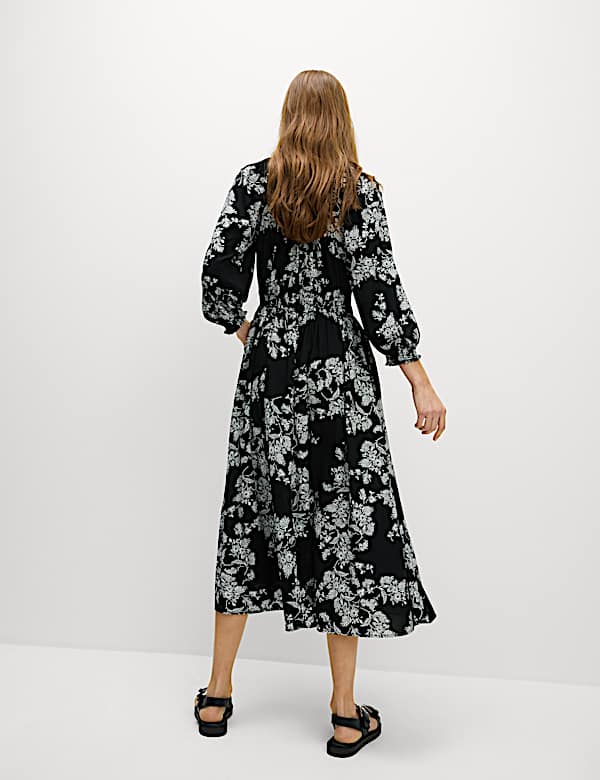 Cotton Blend Floral Midi Waisted Dress - NL