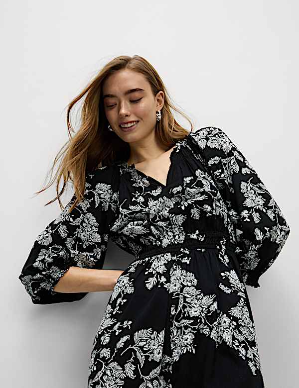 Cotton Blend Floral Midi Waisted Dress - NL