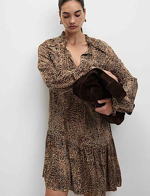 Printed Ruffle Mini Relaxed Smock Dress - US