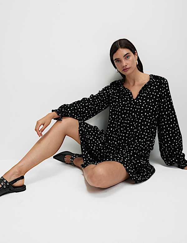 Printed Ruffle Mini Relaxed Smock Dress