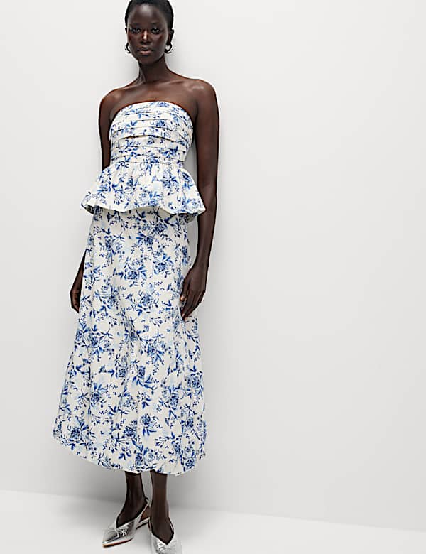 Pure Cotton Floral Midaxi Bubble Hem Skirt