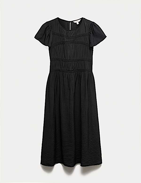 שמלת מידי אסופה במותניים עם כיווצים ושרוולי מלאך - IL