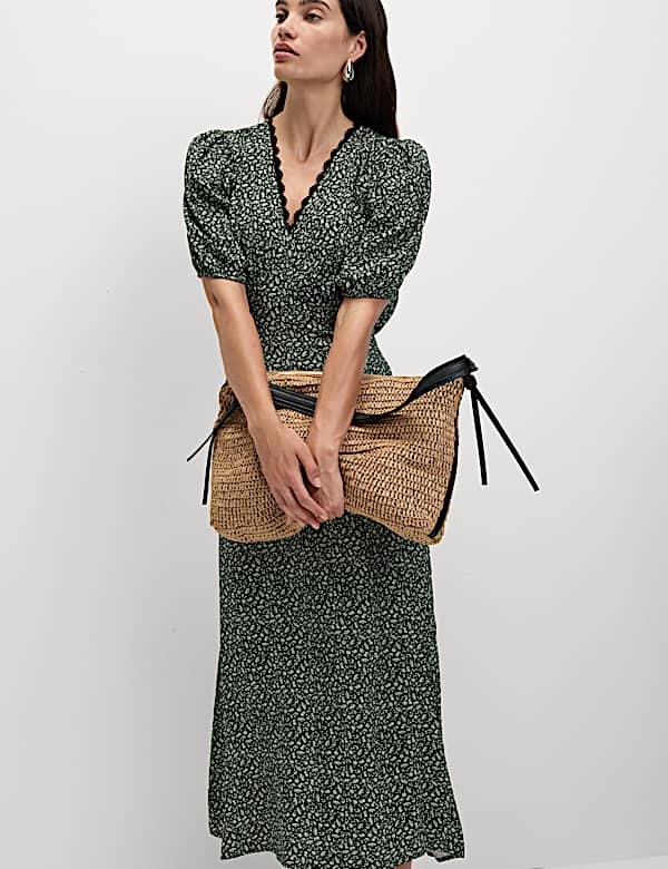 Printed V-Neck Midi Tea Dress - US
