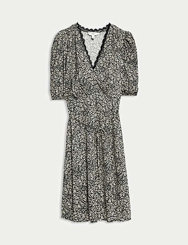 Printed V-Neck Tie Waist Mini Tea Dress - CY