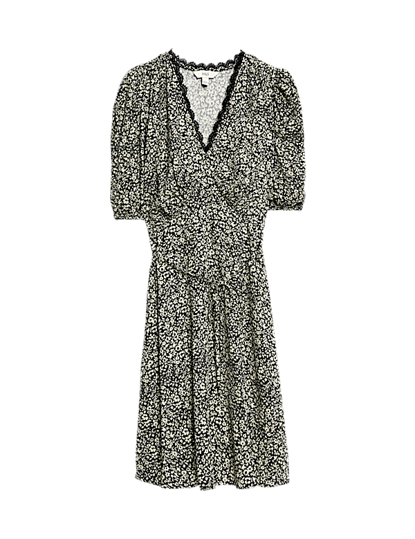 Printed V-Neck Tie Waist Mini Tea Dress