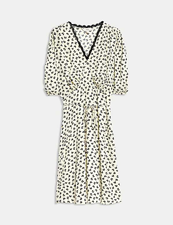 שמלת תה מיני בהדפס עם מחשוף וי וקשירה במותניים - IL