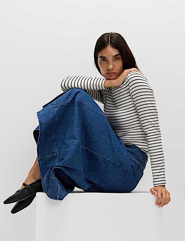 Denim Button Front Midi Circle Skirt