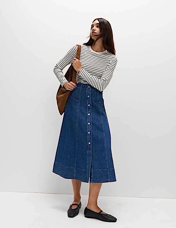 Denim Button Front Midi Circle Skirt