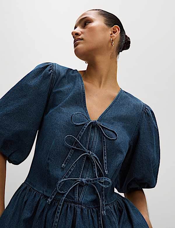 Denim V-Neck Tie Detail Midi Waisted Dress
