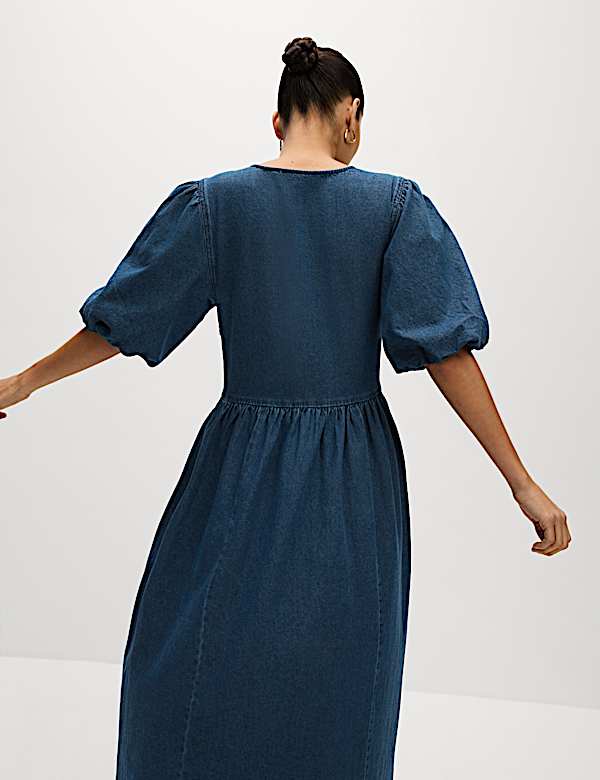 Denim V-Neck Tie Detail Midi Waisted Dress