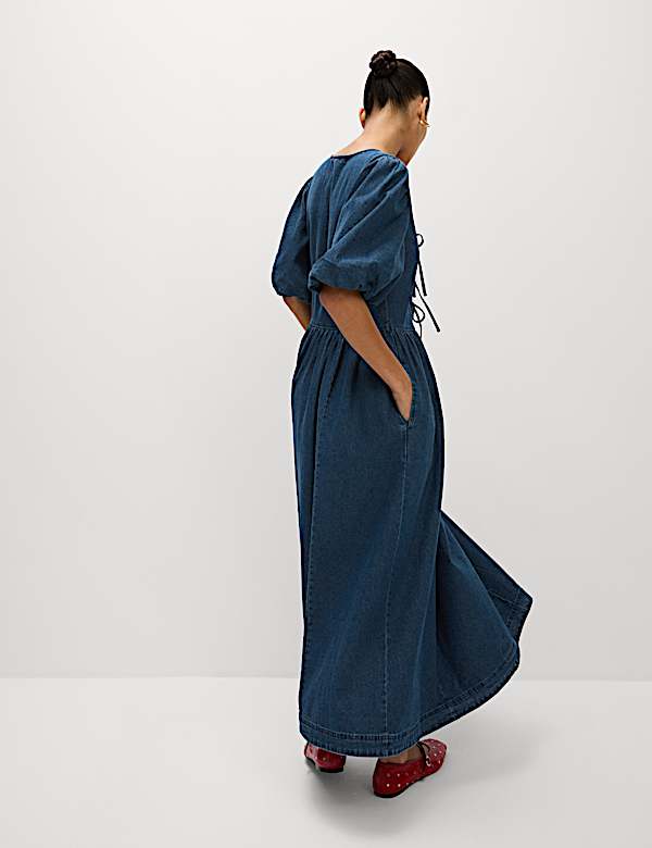 Denim V-Neck Tie Detail Midi Waisted Dress