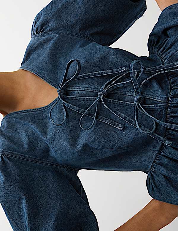 Denim V-Neck Tie Detail Midi Waisted Dress