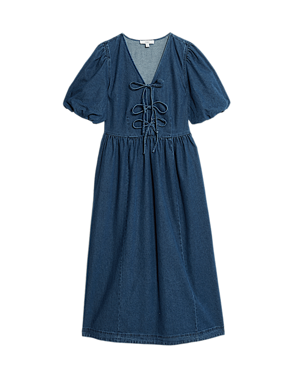 Denim V-Neck Tie Detail Midi Waisted Dress