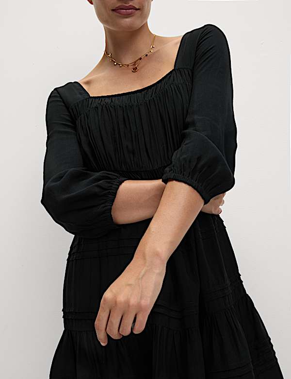 Square Neck Pintuck Mini Waisted Dress - RO