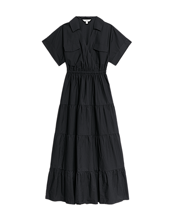 Pure Cotton V-Neck Midaxi Tiered Shirt Dress