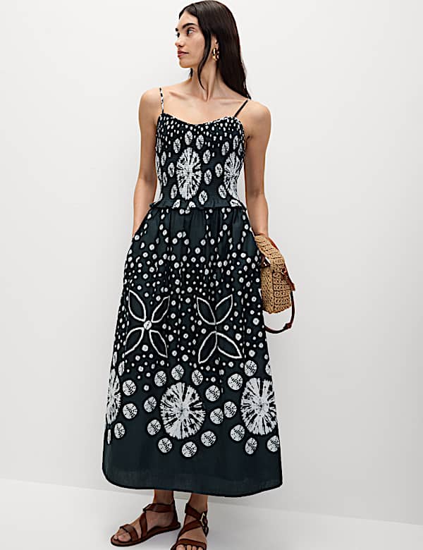 Pure Cotton Floral Midi Waisted Dress - BN