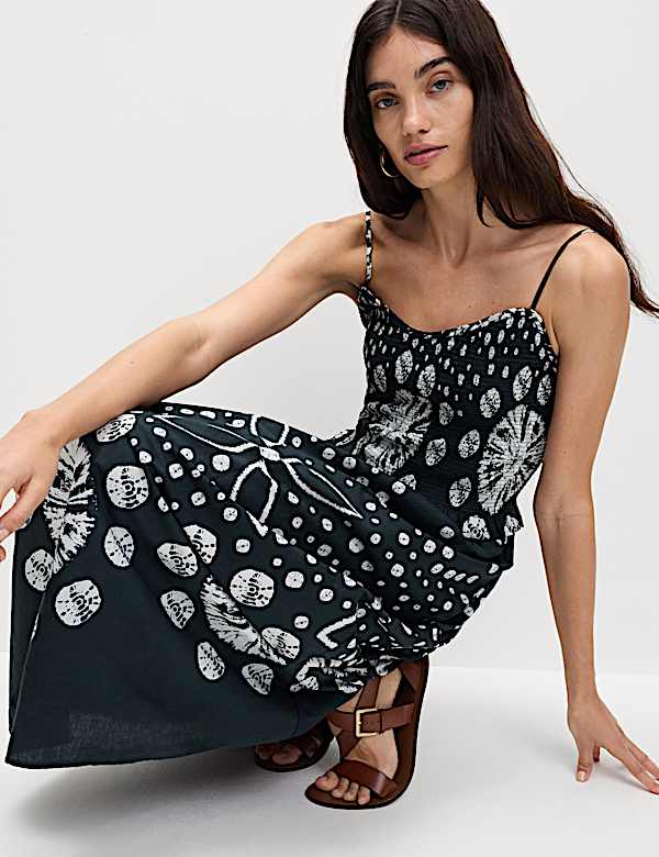 Pure Cotton Floral Midi Waisted Dress - CA