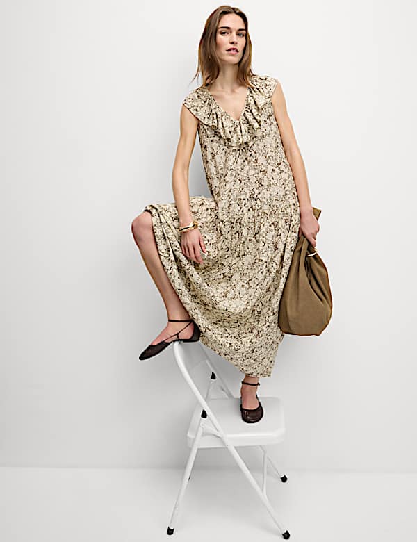 V-Neck Frill Detail Midaxi Relaxed Dress