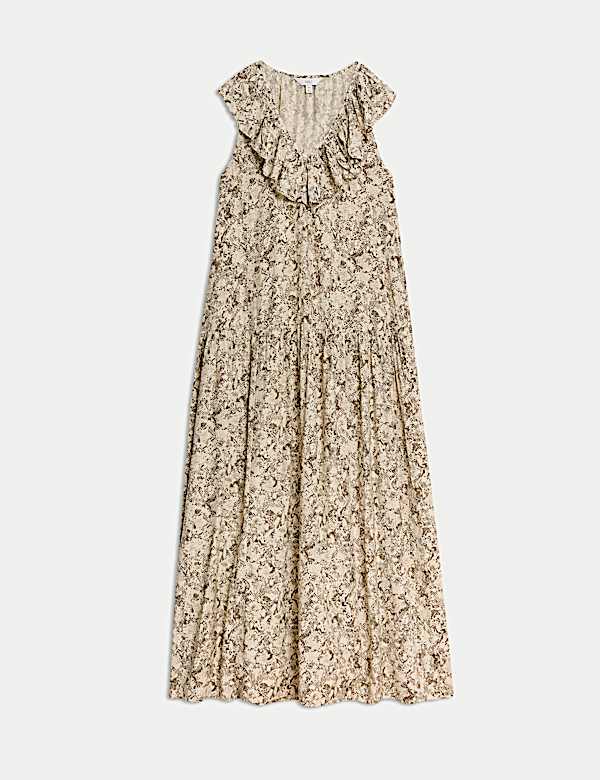 V-Neck Frill Detail Midaxi Relaxed Dress - JO