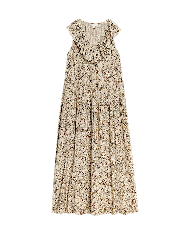 V-Neck Frill Detail Midaxi Relaxed Dress