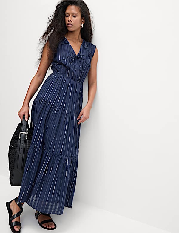 Cotton Rich Tie Neck Midi Waisted Dress - EE