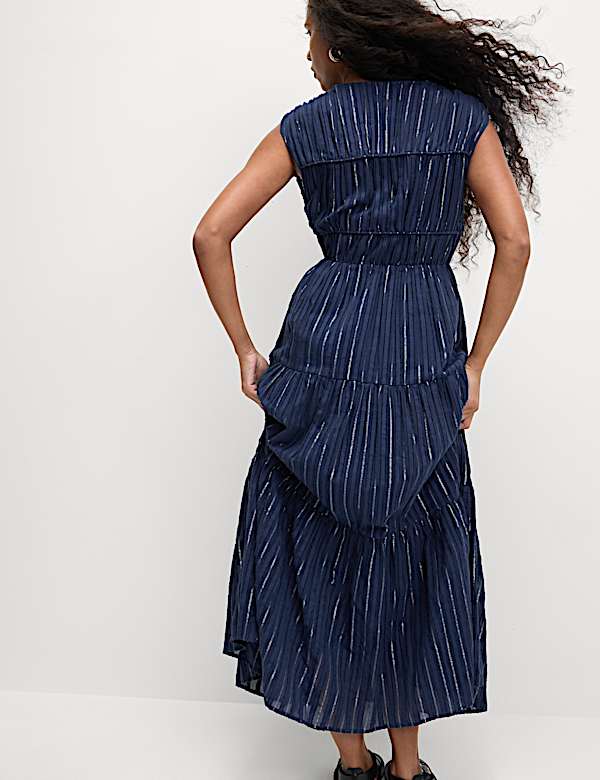 Cotton Rich Tie Neck Midi Waisted Dress - EE