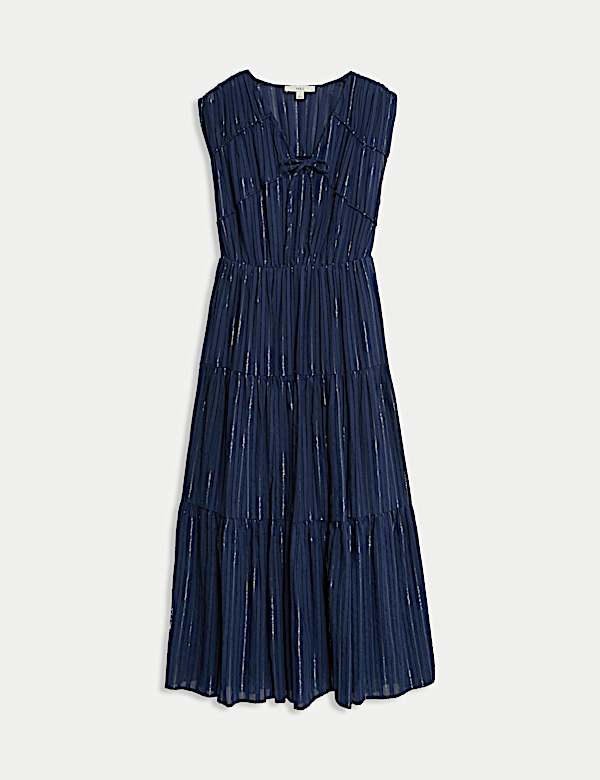 Cotton Rich Tie Neck Midi Waisted Dress - EE