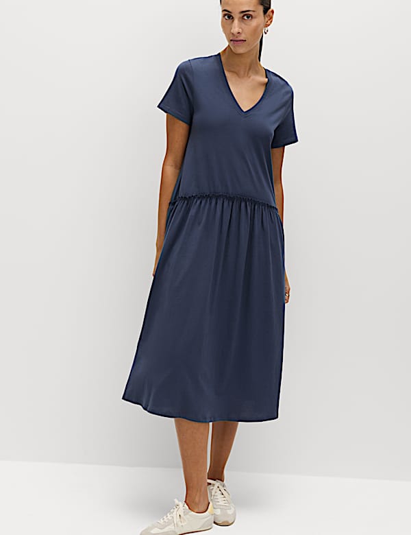 Jersey V-Neck Midi Drop Waist Dress