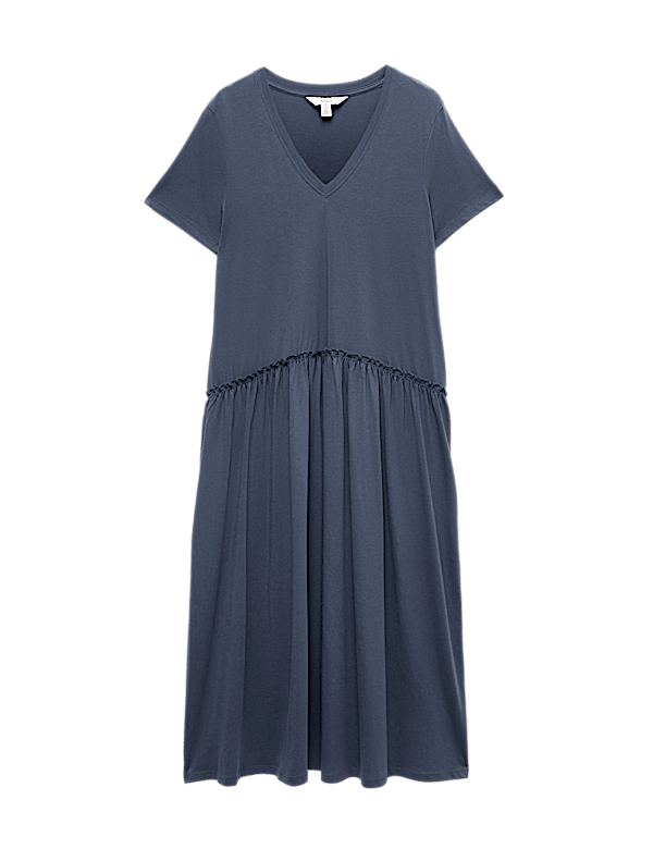 Jersey V-Neck Midi Drop Waist Dress