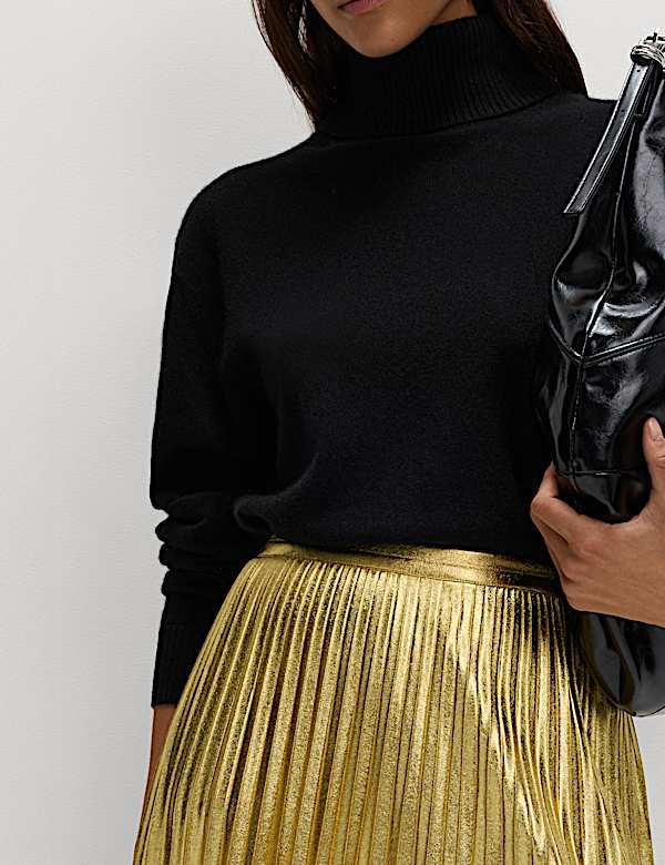 Metallic Gold Pleated Midi Skirt