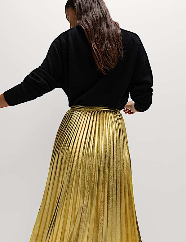 Metallic Gold Pleated Midi Skirt