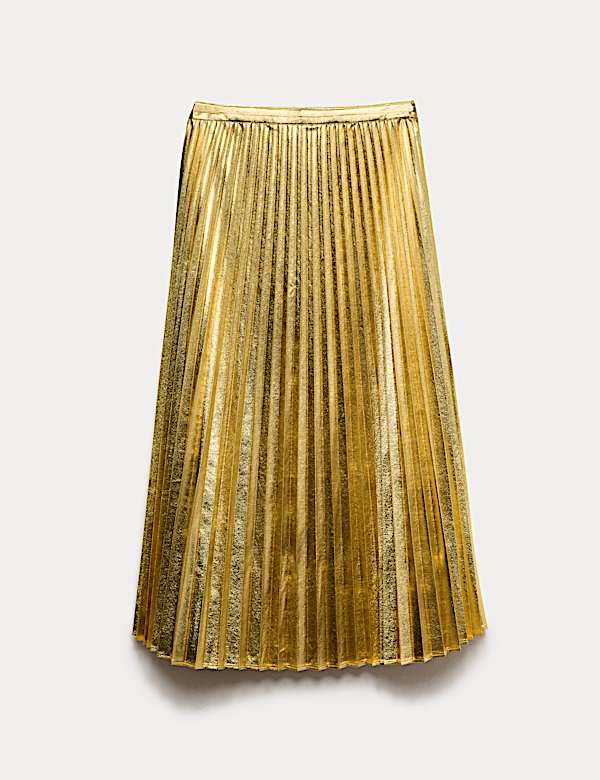 Metallic Gold Pleated Midi Skirt - CZ