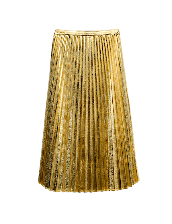 Metallic Gold Pleated Midi Skirt