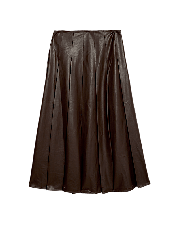 Leather Look Pleated Midaxi A-Line Skirt
