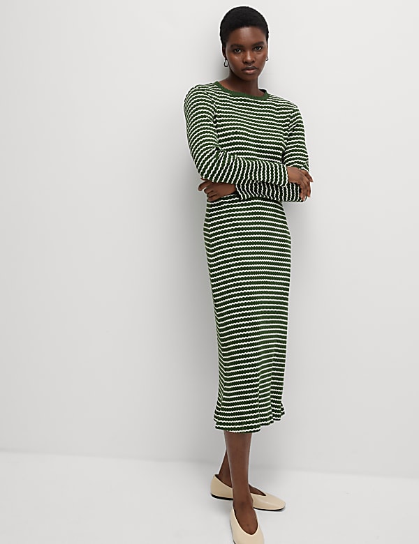 Cotton Blend Striped Midi Skater Dress - JE
