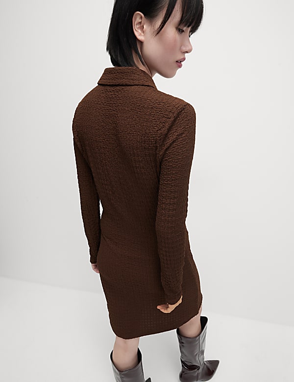 Textured Collared Button Through Mini Column Dress - VN