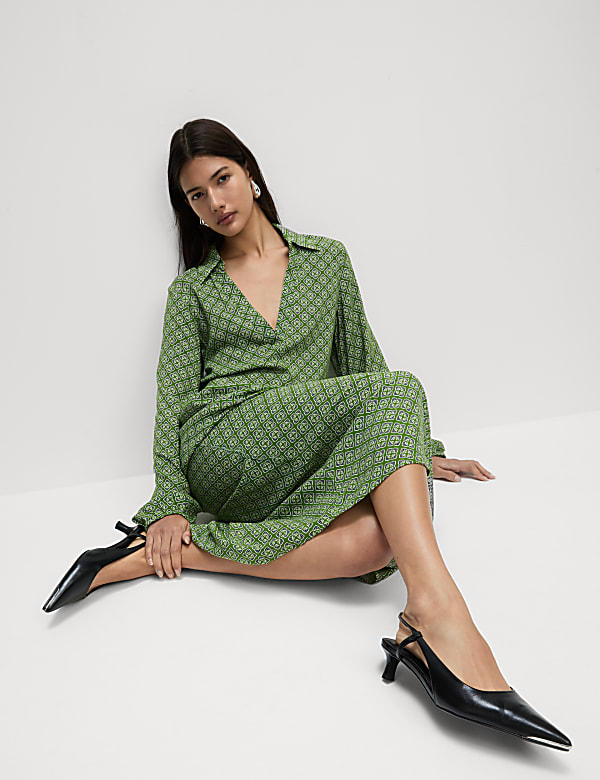 Printed V-Neck Midi Shirt Dress - CA