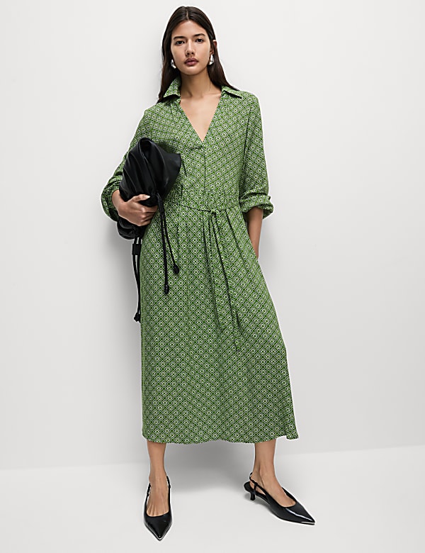 Printed V-Neck Midi Shirt Dress - CA