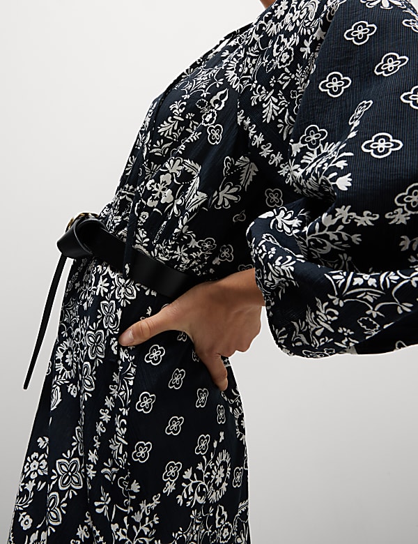 Lyocell Rich Printed Tie Detail Midi Waisted Dress - CZ