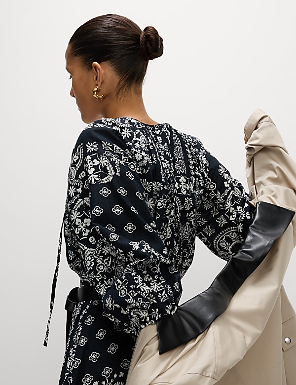 Lyocell Rich Printed Tie Detail Midi Waisted Dress - CZ