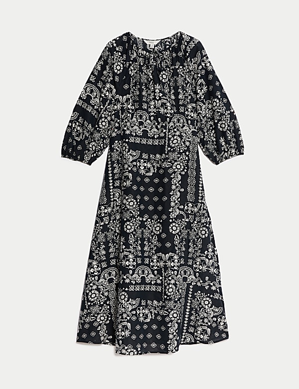 Lyocell Rich Printed Tie Detail Midi Waisted Dress - CZ