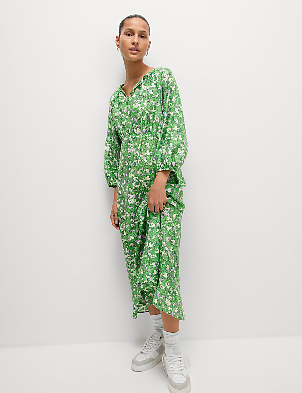Lyocell Rich Printed Tie Detail Midi Waisted Dress