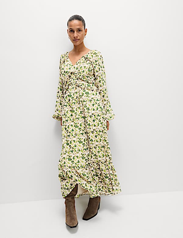 Chiffon Floral V-Neck Midaxi Waisted Dress